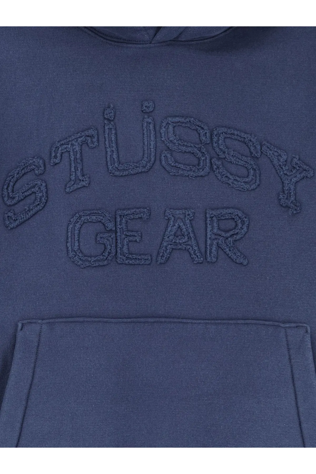 Navy blue Stussy men’s cotton blend sweatshirt hoodie with embroidered lettering on the front for casual wear