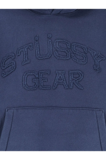 Navy blue Stussy men’s cotton blend sweatshirt hoodie with embroidered lettering on the front for casual wear