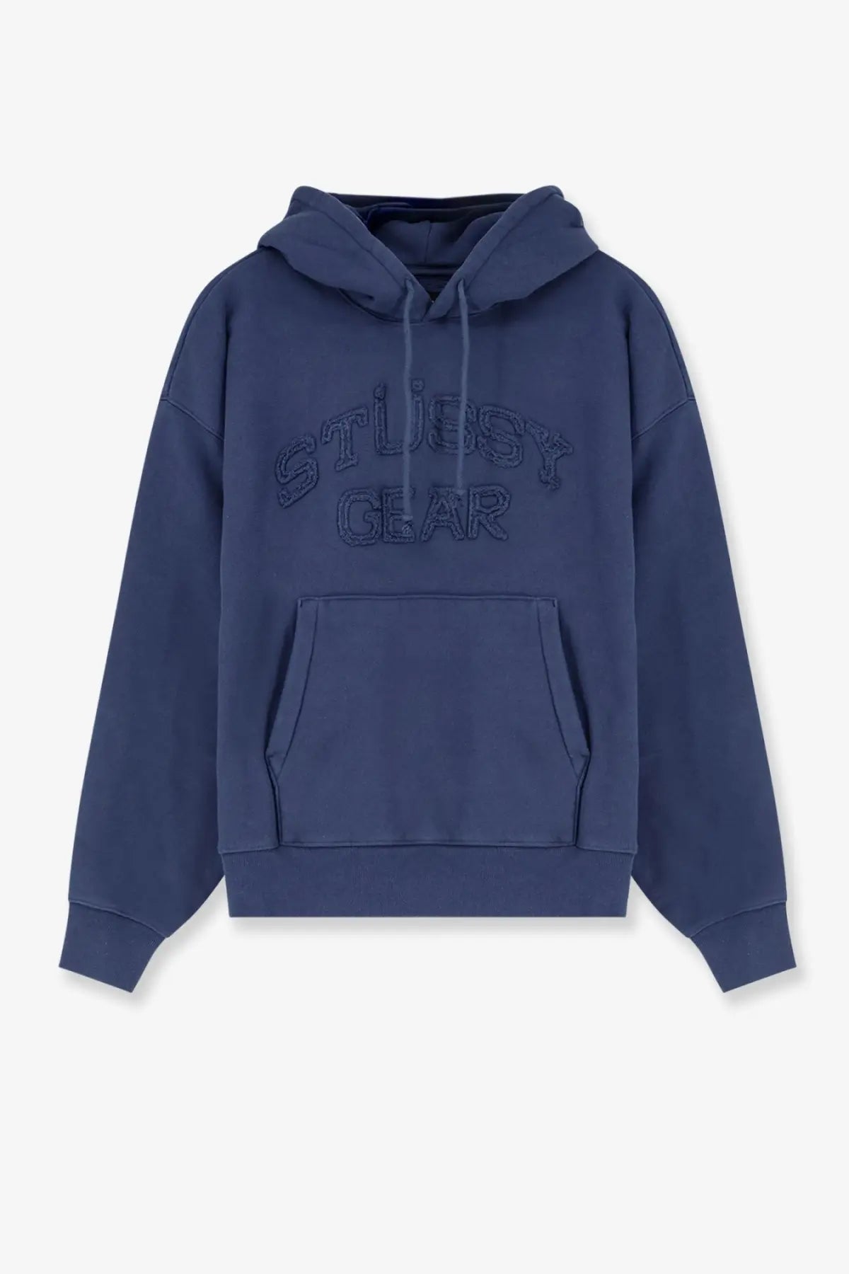 Navy blue Stussy men’s cotton blend sweatshirt hoodie with embroidered logo and front pocket for casual wear