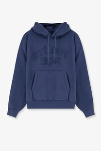 Navy blue Stussy men’s cotton blend sweatshirt hoodie with embroidered logo and front pocket for casual wear