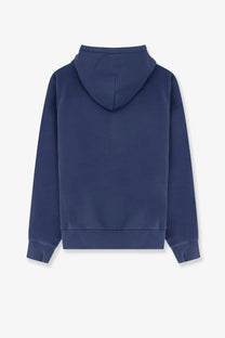 Stussy men’s navy blue cotton blend hooded sweatshirt with ribbed cuffs and hem for casual wear