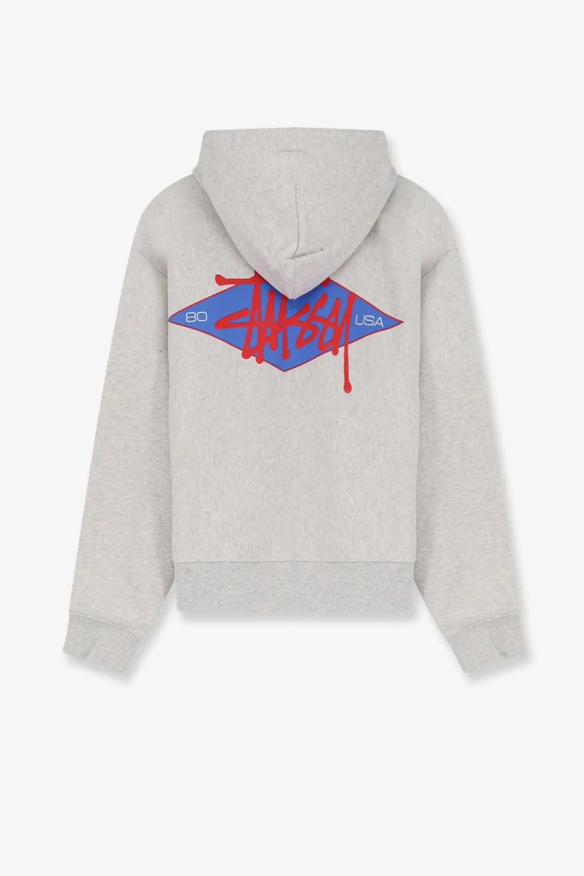 Heather gray stussy men’s cotton blend sweatshirt showing back with bold red and blue diamond logo