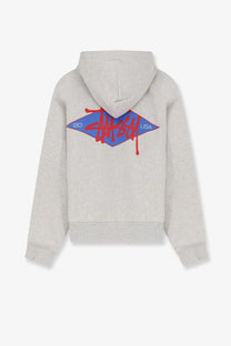 Heather gray stussy men’s cotton blend sweatshirt showing back with bold red and blue diamond logo