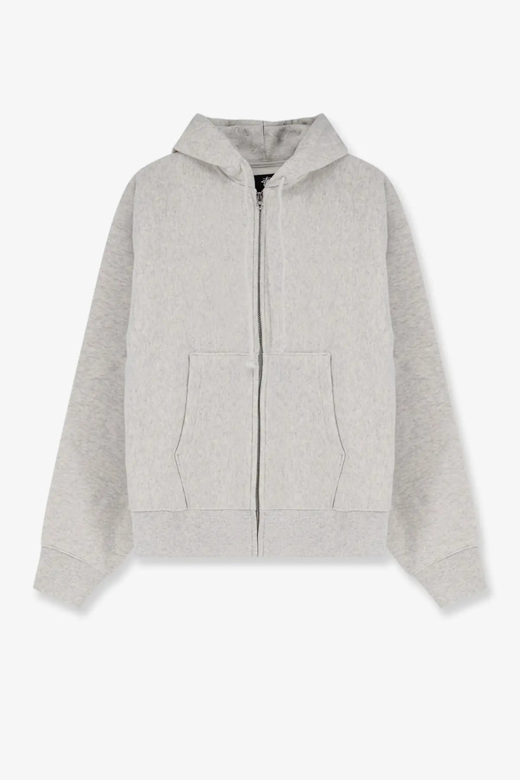 Stussy men’s light gray cotton blend zip-up hoodie with subtle textured pattern and two front pockets