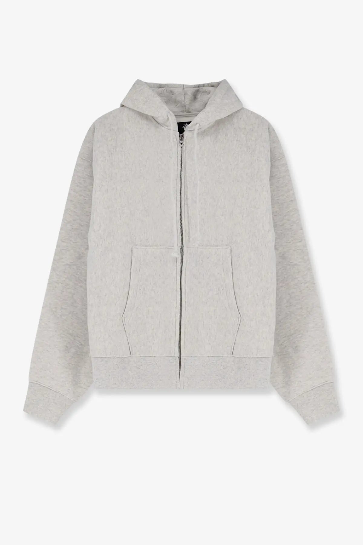 Stussy men’s light gray cotton blend zip-up hoodie with subtle textured pattern and two front pockets