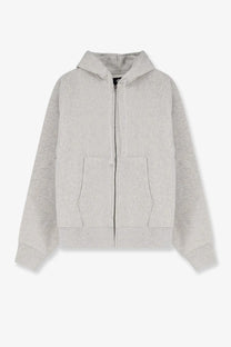 Stussy men’s light gray cotton blend zip-up hoodie with subtle textured pattern and two front pockets
