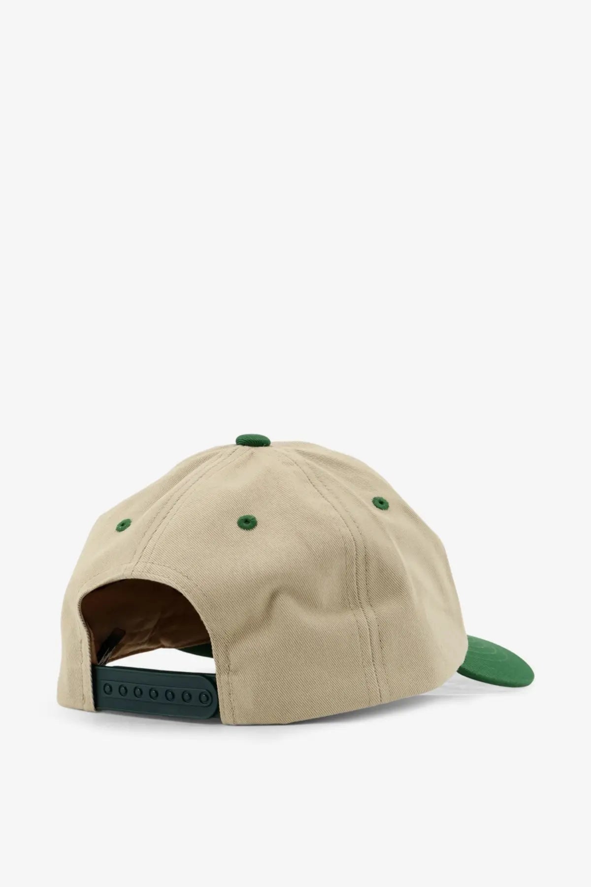 Beige Stussy men’s cotton snapback cap with green brim and matching button for casual wear