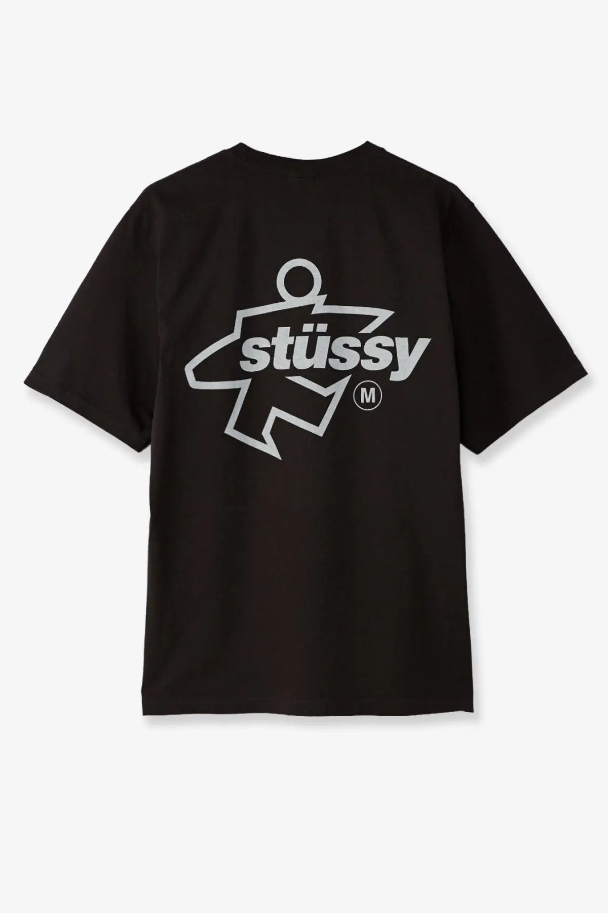 Black stussy men’s cotton t-shirt featuring bold white graphic of iconic stylized figure with stussy lettering and trademark symbol