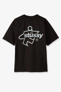Black stussy men’s cotton t-shirt featuring bold white graphic of iconic stylized figure with stussy lettering and trademark symbol