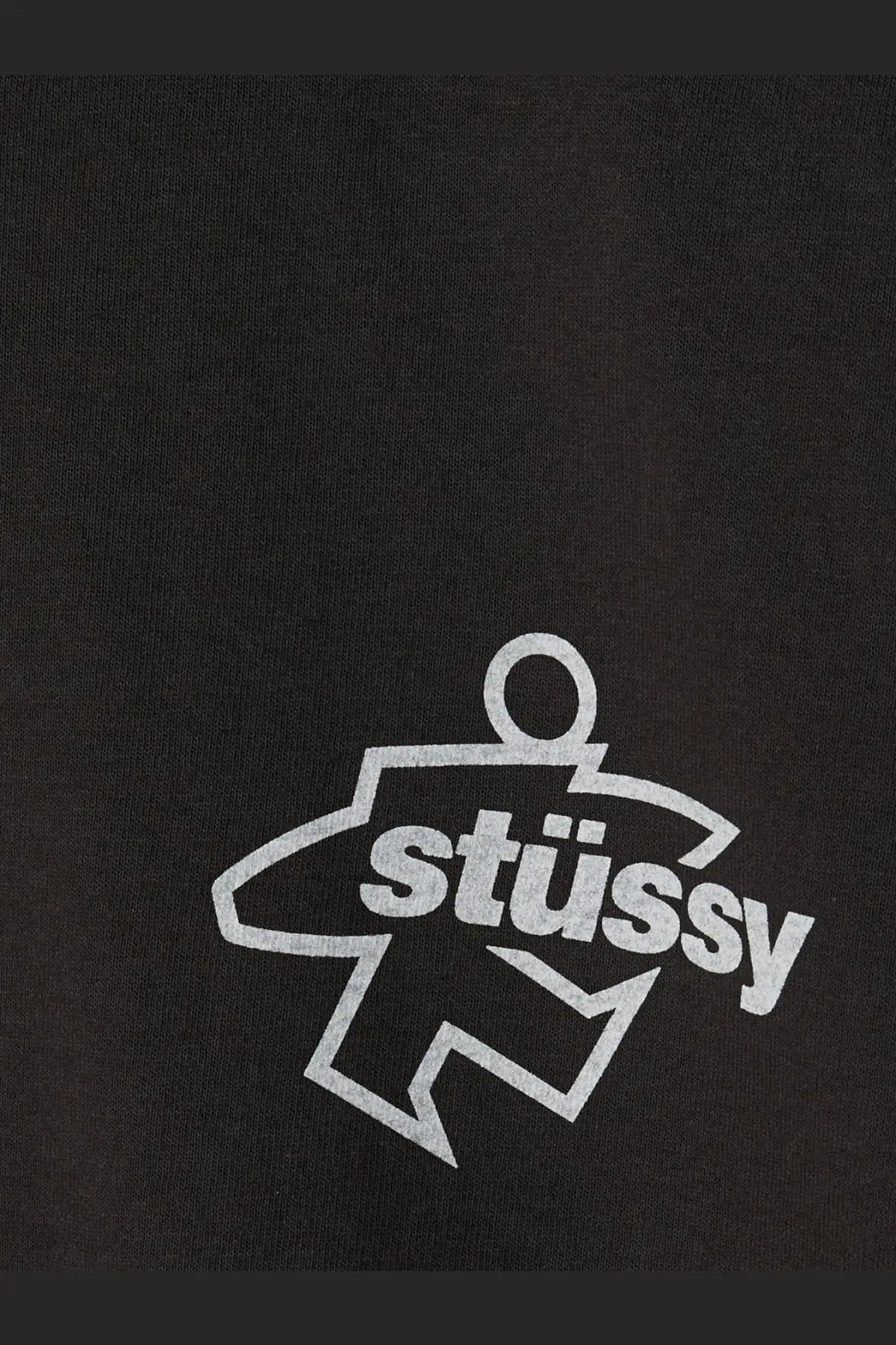Black stussy men’s cotton t-shirt with white outlined iconic stick figure and stussy text graphic on the front