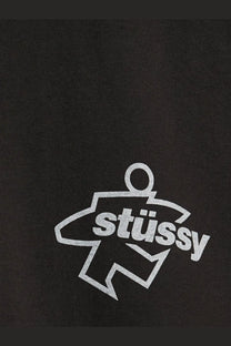 Black stussy men’s cotton t-shirt with white outlined iconic stick figure and stussy text graphic on the front