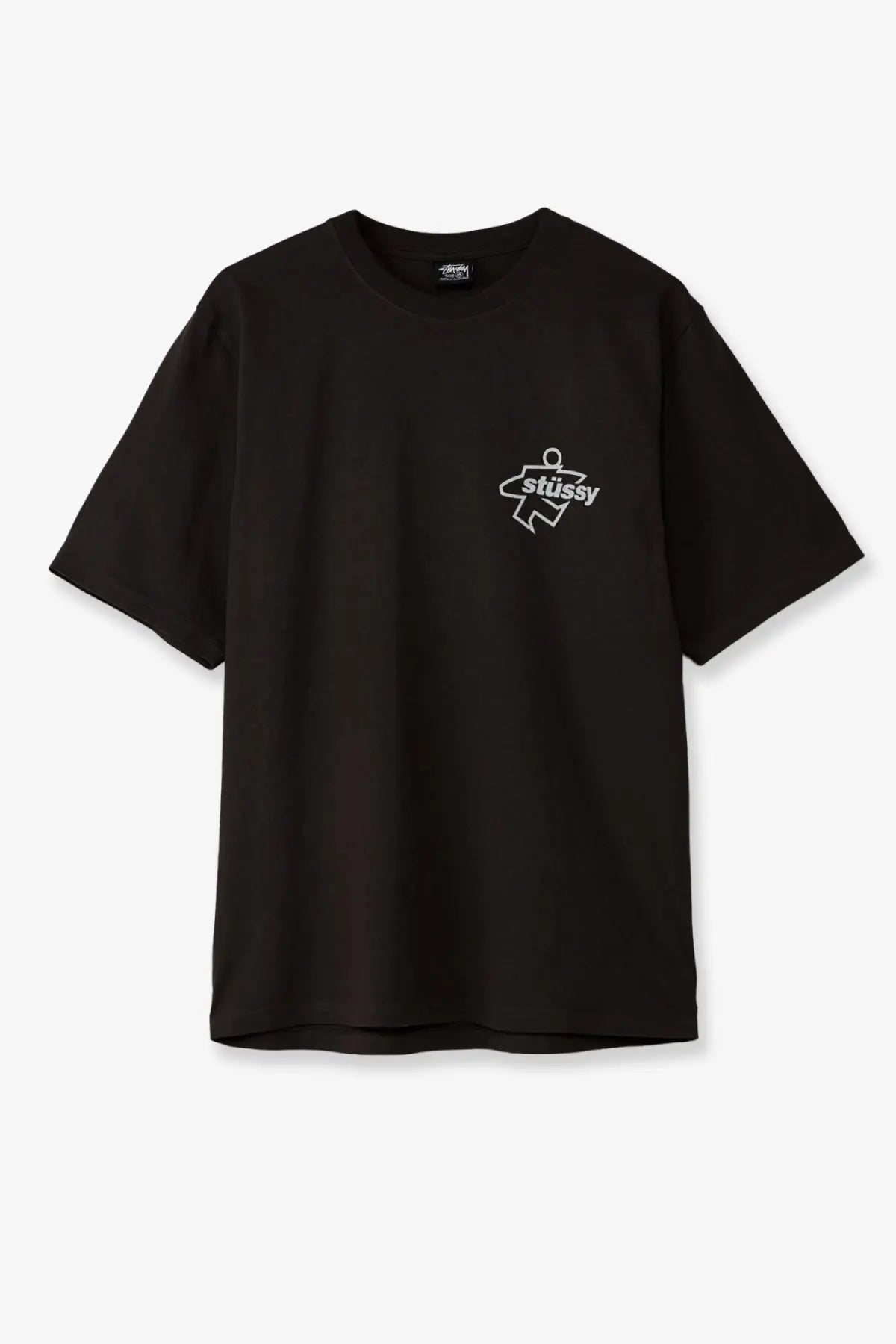 Stussy men’s black cotton t-shirt with a white graphic logo on the left chest for casual wear