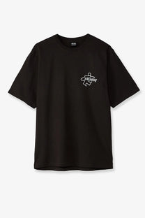 Stussy men’s black cotton t-shirt with a white graphic logo on the left chest for casual wear