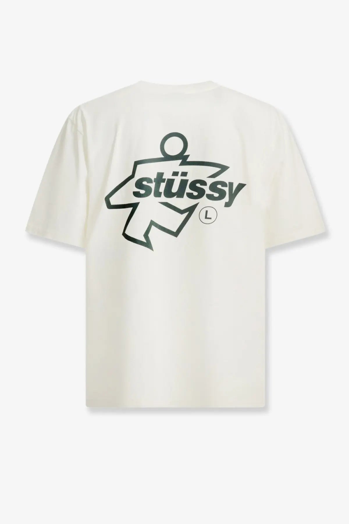 Cream-colored stussy men’s cotton t-shirt with bold black stylized figure graphic and stussy lettering in white