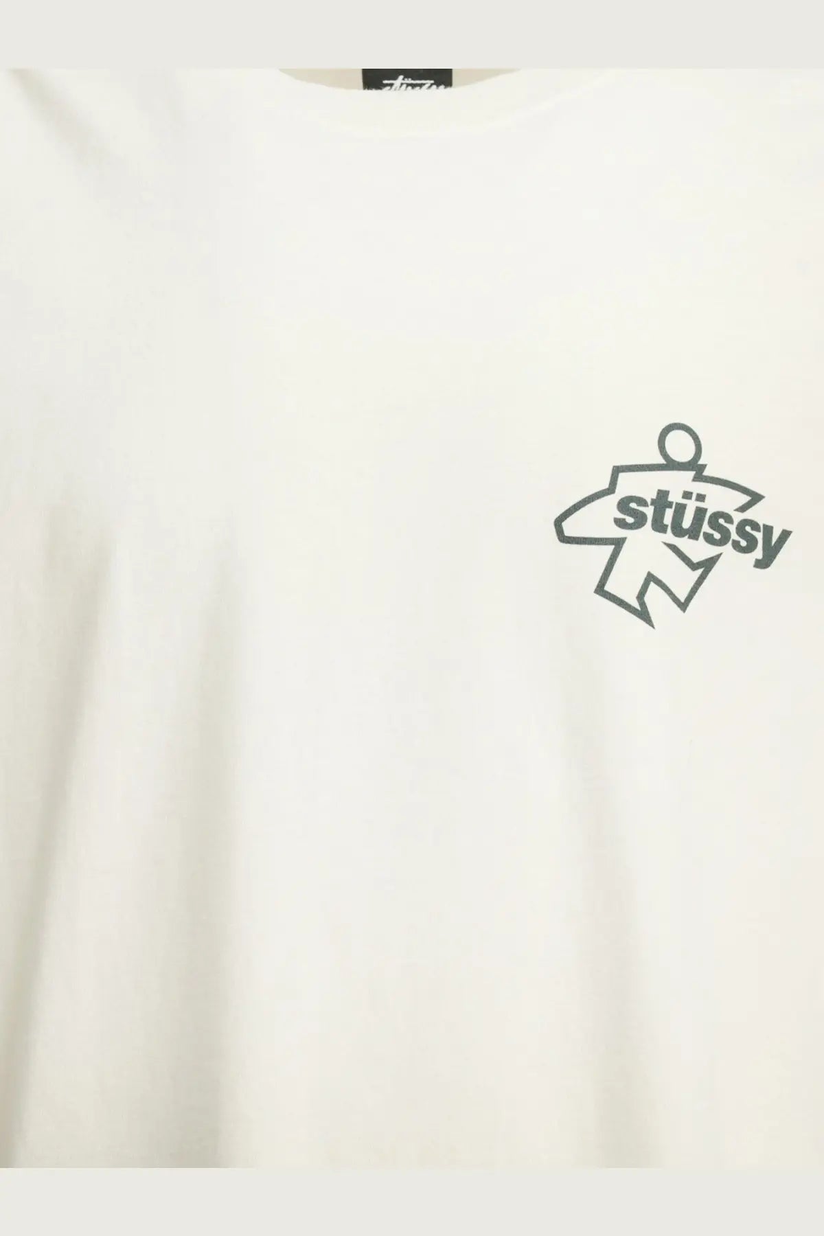 White stussy men’s cotton t-shirt with black graphic logo on the chest in a casual streetwear style