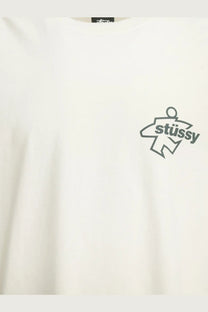 White stussy men’s cotton t-shirt with black graphic logo on the chest in a casual streetwear style