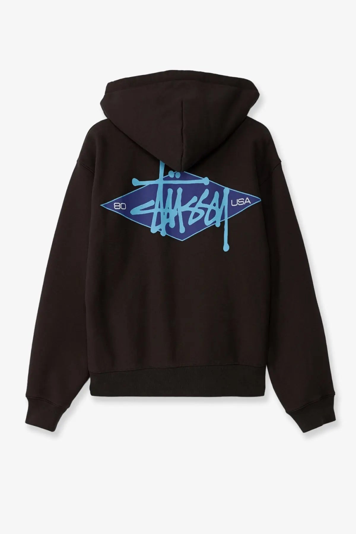 Black stussy men’s diamond cotton blend sweatshirt with bold blue diamond logo and 80 usa text on front