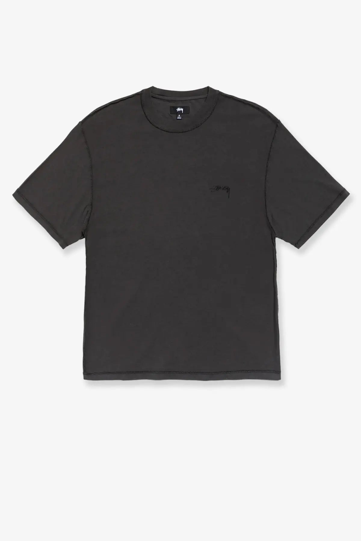 Dark gray Stussy men’s lazy cotton shirt black with subtle black logos on chest and collar