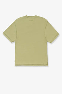 Stussy men’s lazy cotton shirt green minimalist olive green short-sleeved t-shirt with crew neck and subtle stitching