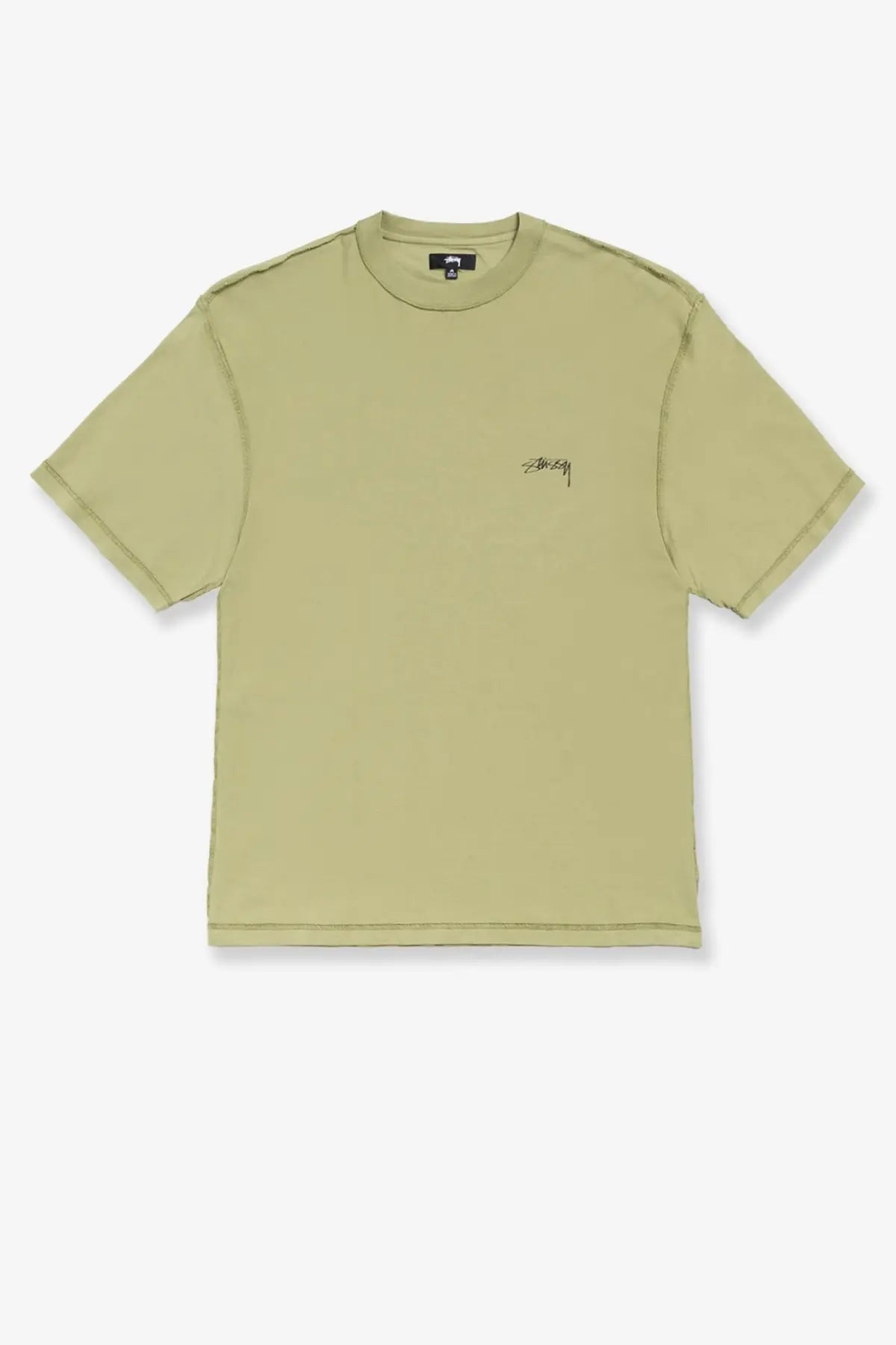 Stussy men’s lazy cotton shirt in olive green with a small black embroidered logo on the left chest