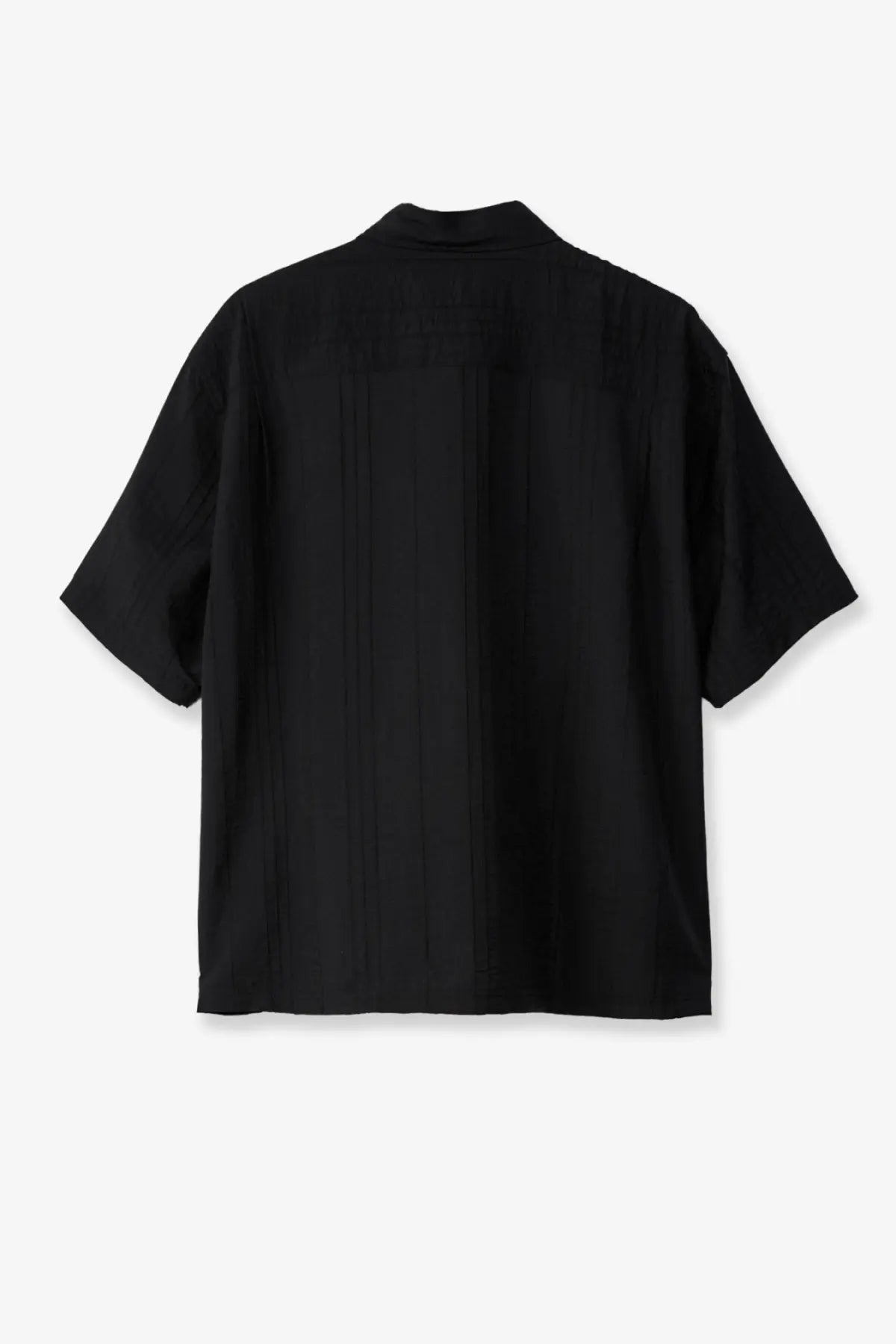 Stussy men’s black lyocell and nylon blend short-sleeved shirt with stand-up collar and subtle vertical pleats