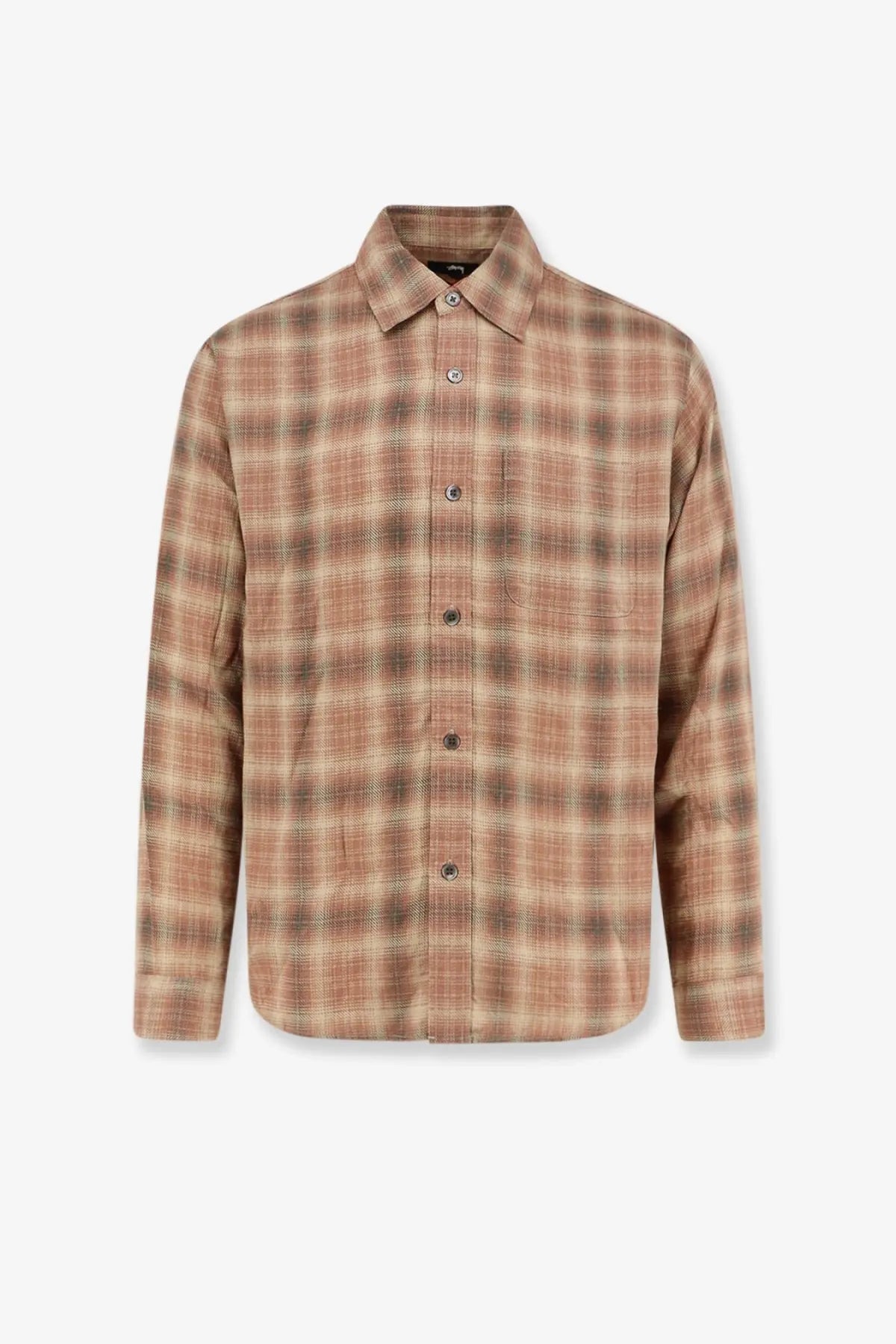 Stussy men’s matthew plaid shirt madras shirt red long-sleeved button-up in muted brown and beige plaid with classic collar