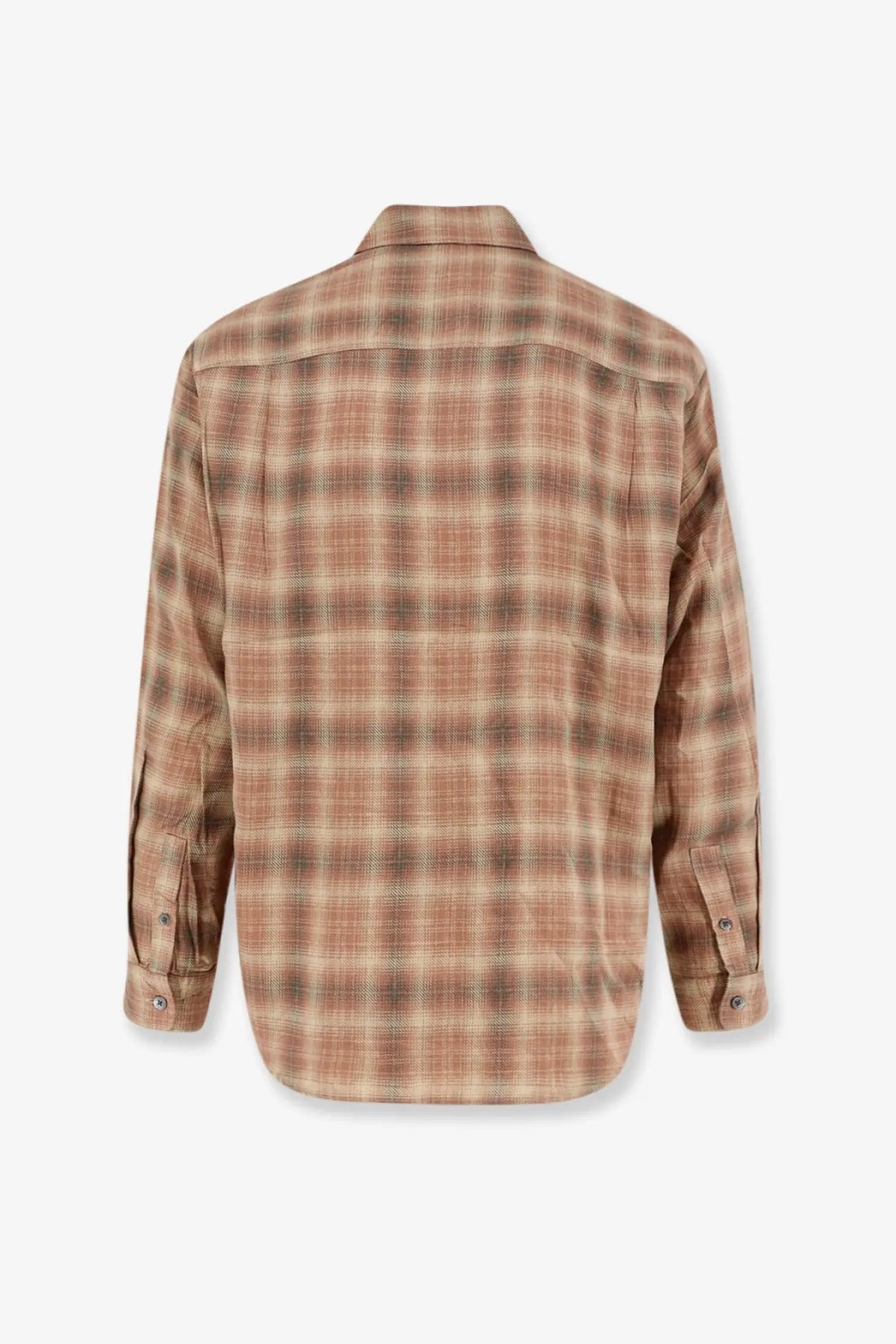 Stussy men’s Matthew plaid long-sleeved button-up shirt in warm brown and beige soft cotton blend