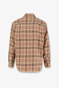Stussy men’s Matthew plaid long-sleeved button-up shirt in warm brown and beige soft cotton blend