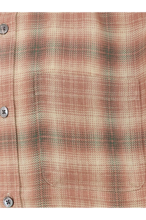 Stussy men’s Matthew plaid shirt in soft pink beige flannel with subtle green accents and silver four-hole buttons