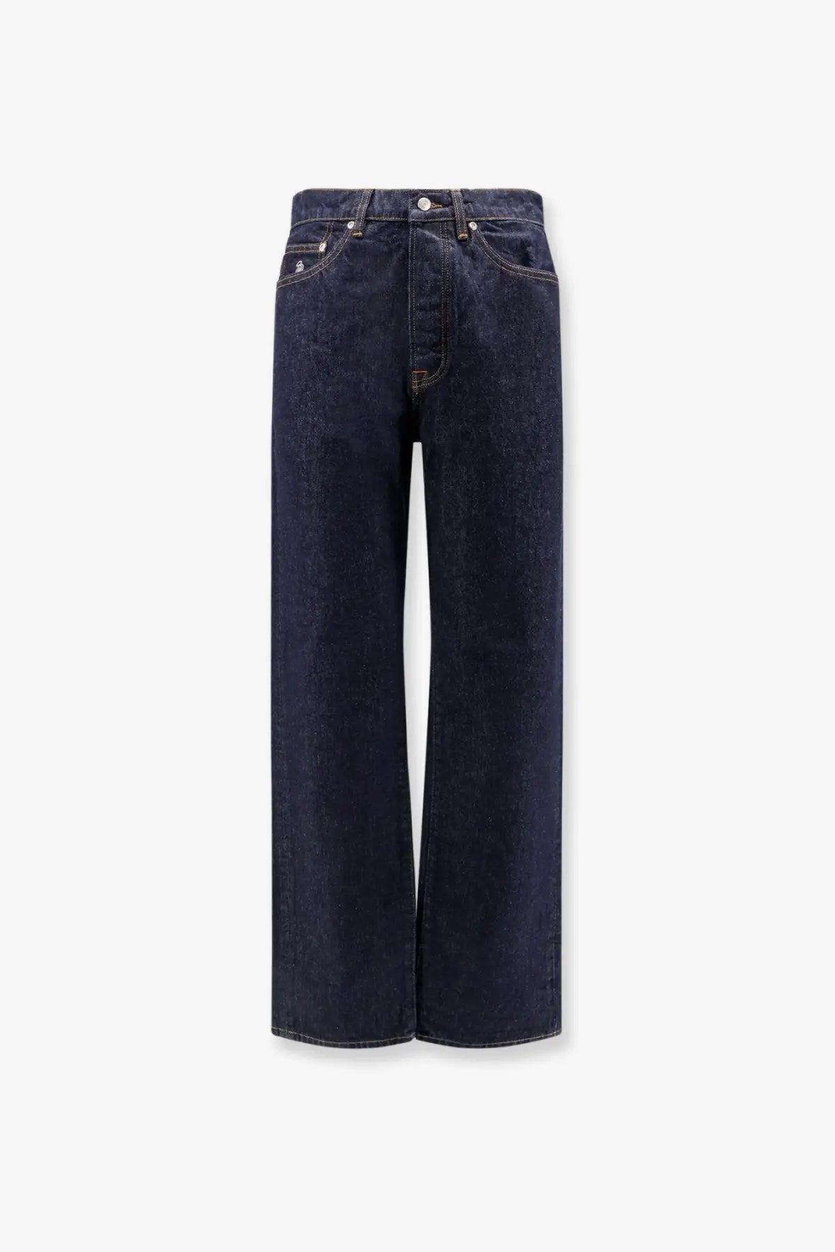 Stussy men’s new classic regular fit dark indigo denim jeans with wide-leg cut and five-pocket design