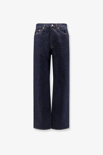 Stussy men’s new classic regular fit dark indigo denim jeans with wide-leg cut and five-pocket design