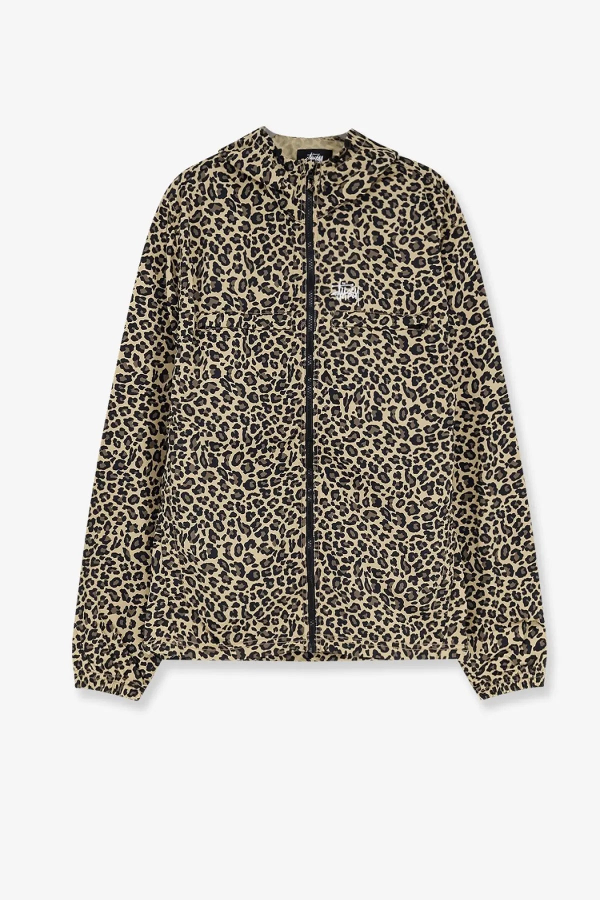 Stussy men’s nylon jacket cheetah with beige and black leopard print hooded design front zipper chest pockets and ribbed cuffs