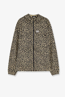 Stussy men’s nylon hooded jacket in beige and black cheetah print with front zipper chest pockets and ribbed cuffs