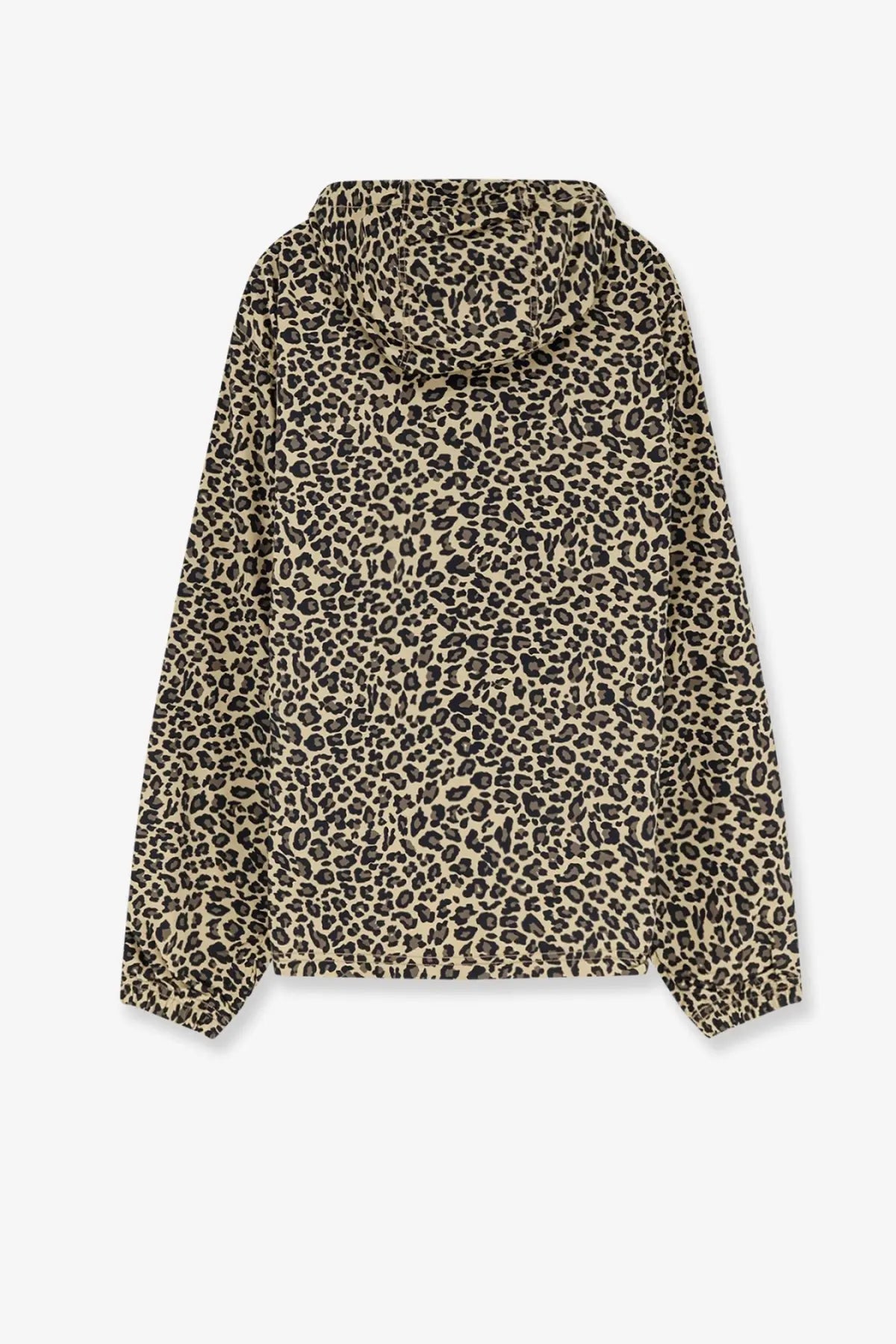 Stussy men’s nylon jacket cheetah with beige and black leopard print hood and long sleeves