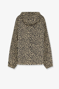 Stussy men’s nylon jacket cheetah with beige and black leopard print hood and long sleeves