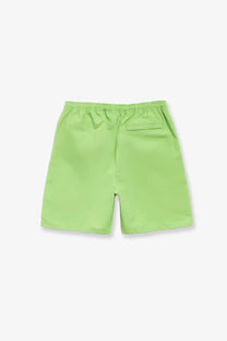 Bright lime green stussy men’s nylon swim trunks with elastic waistband and single back pocket shown from the back side
