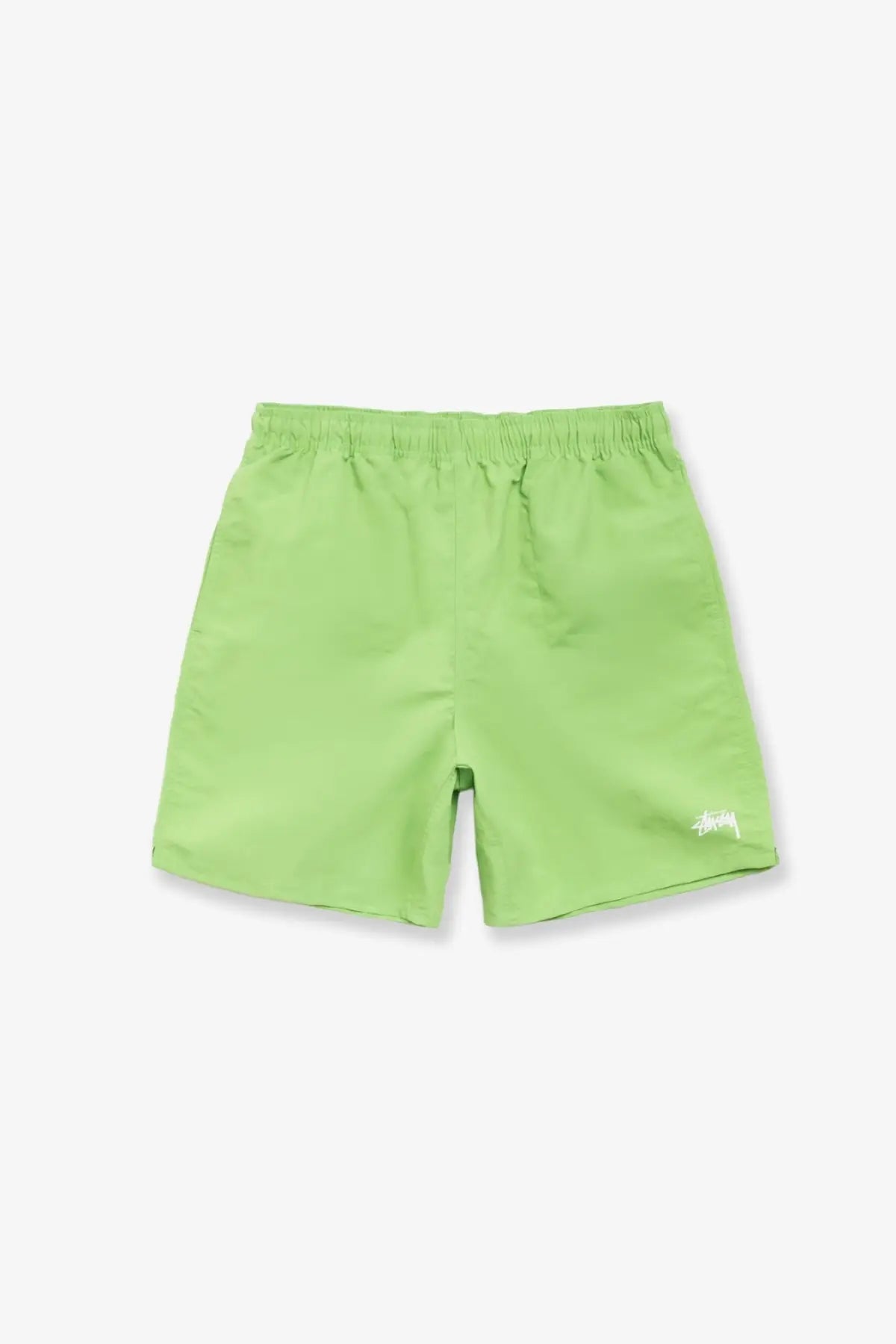Bright lime green stussy men’s nylon swim trunks with a subtle white logo on the lower right leg in kiwi color