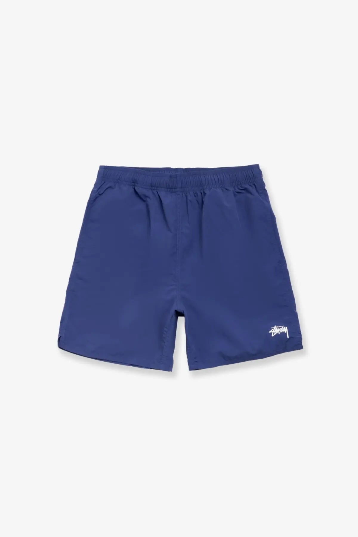 Navy blue Stussy men’s nylon swim trunks with a white logo on the lower right leg for swimming and beachwear