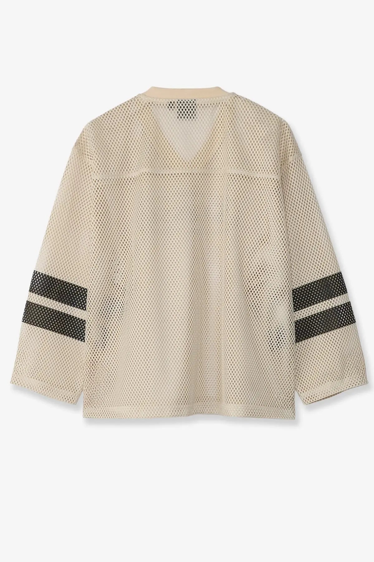 Stussy men’s beige perforated nylon football jersey with black striped sleeves and breathable mesh design
