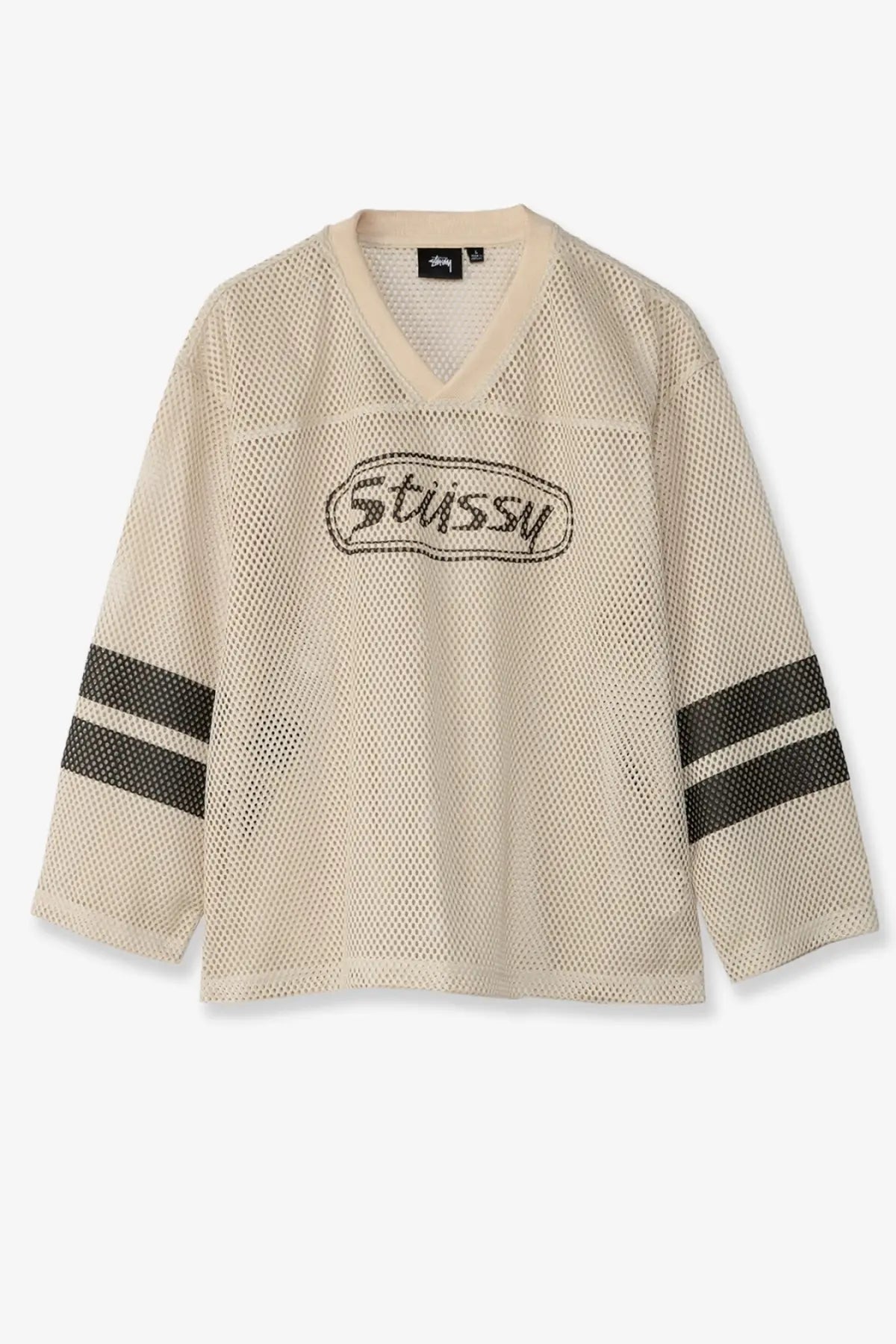 Beige mesh long sleeve perforated nylon shirt with black striped cuffs and stussy logo embroidered on chest