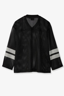 Stussy men’s perforated nylon football jersey in black with white striped mesh sleeves for sporty casual wear