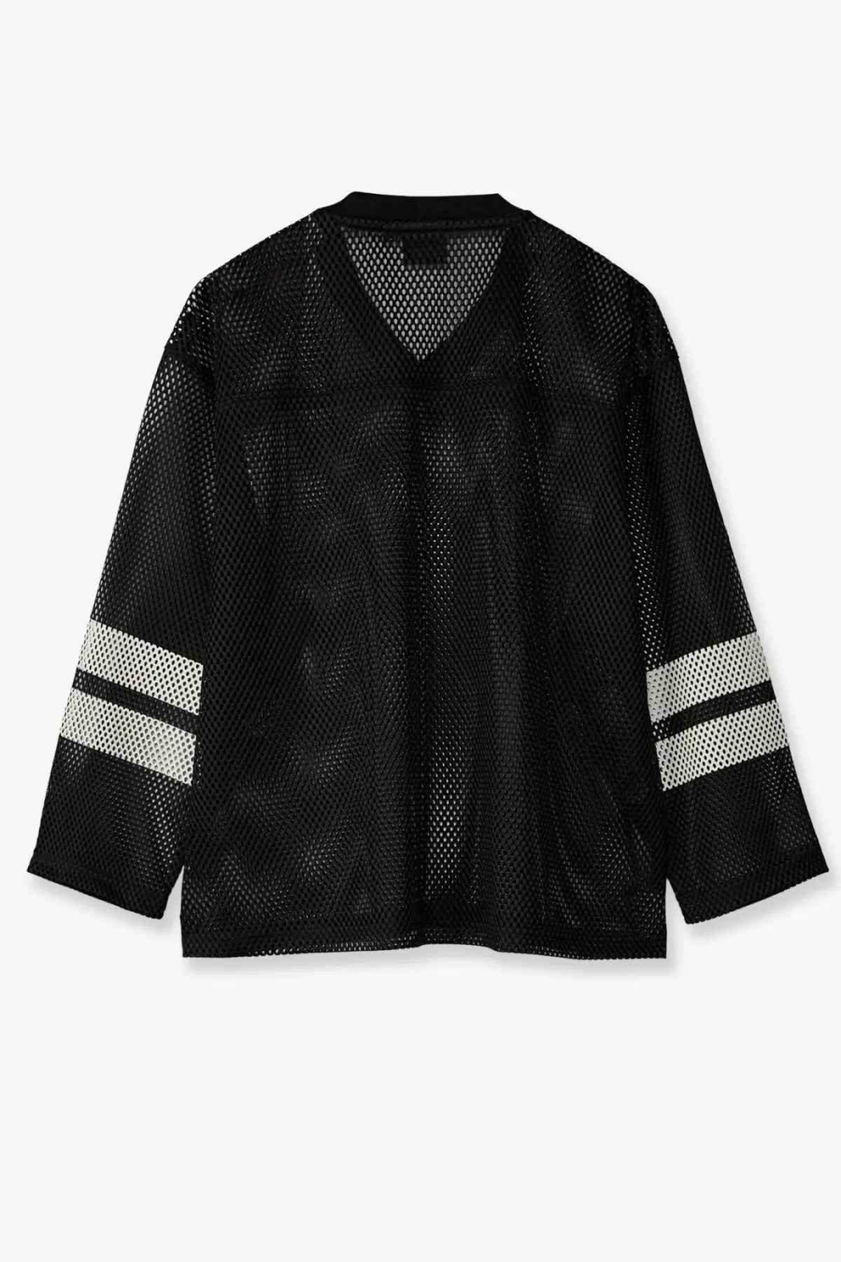 Stussy men’s perforated nylon football jersey in black with white striped mesh sleeves for breathable wear