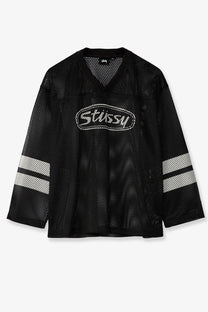 Stussy men’s perforated nylon shirt black with black mesh, white embroidered logo, and white sleeve stripes