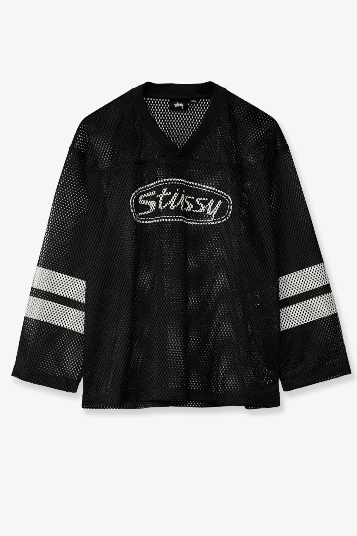 Stussy men’s perforated nylon black jersey with white embroidered logo and mesh sleeve stripes