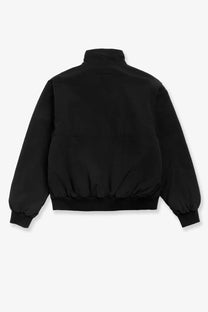 Stussy men’s polar black nylon puffer jacket with high collar and elastic cuffs for cold weather wear