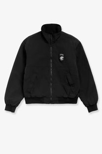 Stussy men’s black polar nylon puffer jacket with high collar front zipper and white horse patch on left chest