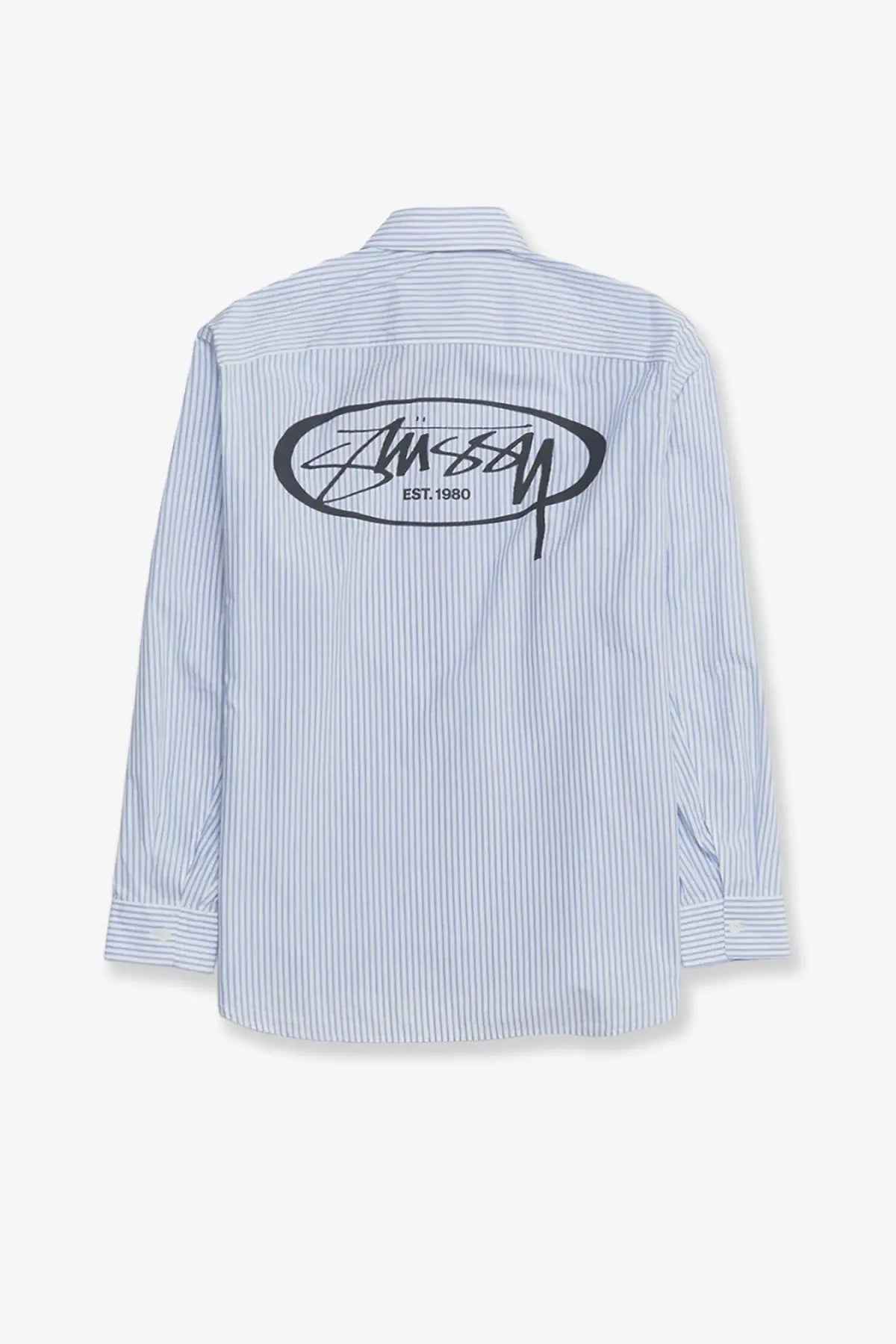 A stussy men’s standard long-sleeved cotton shirt with blue and white vertical stripes and black logo patch
