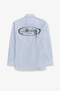 A stussy men’s standard long-sleeved cotton shirt with blue and white vertical stripes and black logo patch