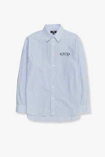 Stussy men’s standard striped cotton shirt in blue with white vertical stripes and small black logo on left chest