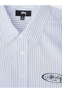 Stussy men’s standard striped cotton shirt blue with white and light blue vertical stripes and black logo patch at collar